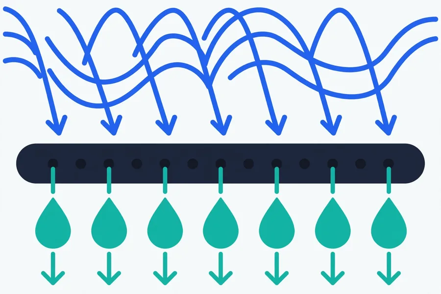 Diagram showing sound waves pushing water droplets out of a phone speaker grille